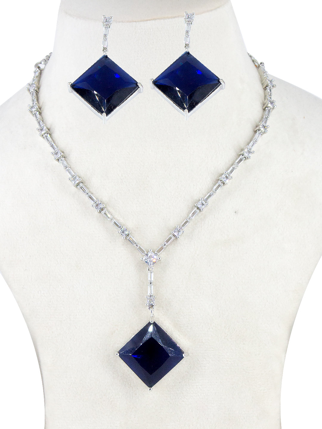 American Diamond Studded Royal Blue Square Drop Design Jewellery Set For Women And Girls