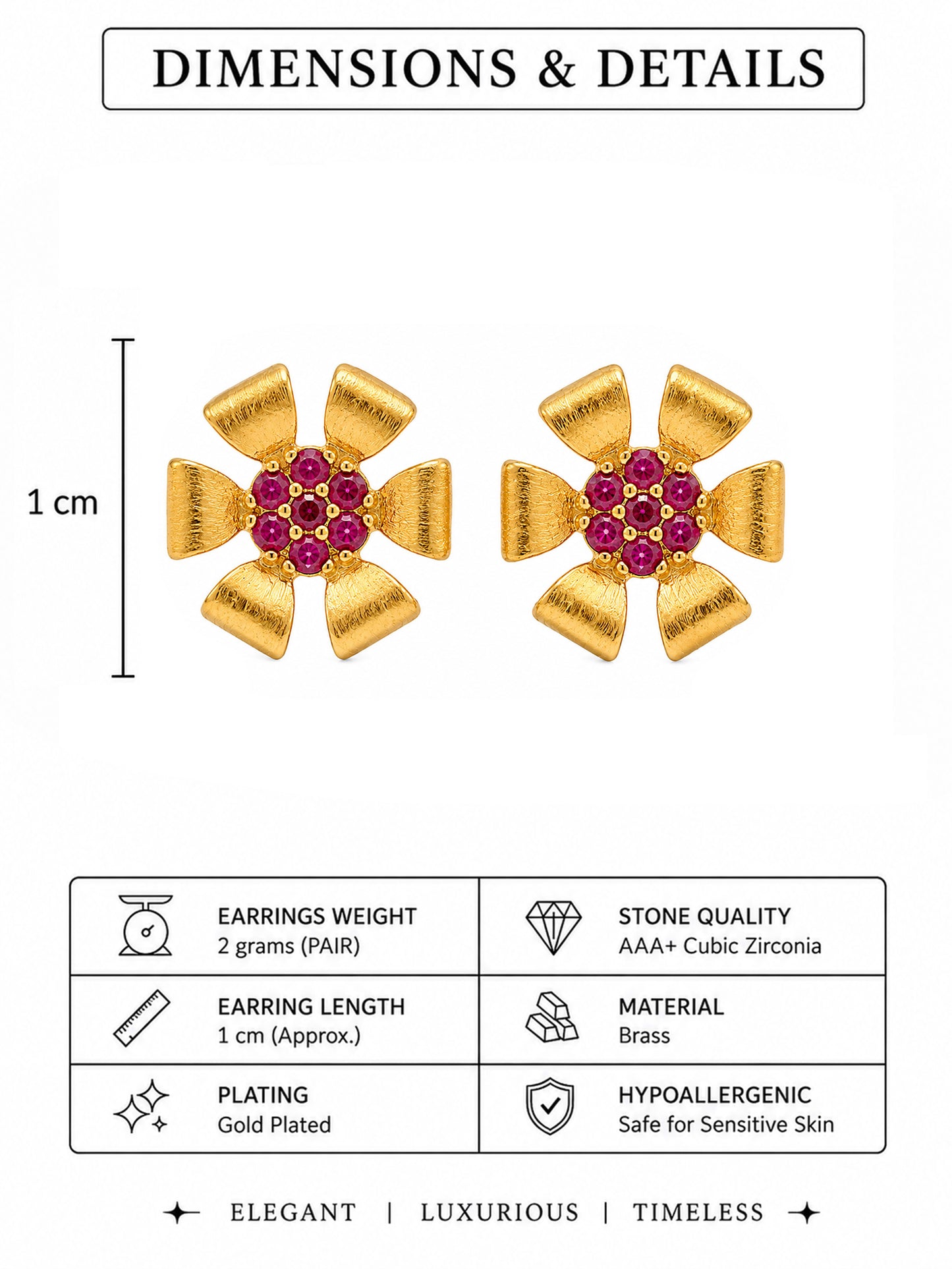 Gold Plated Pink AD Floral Stud Earrings for Women