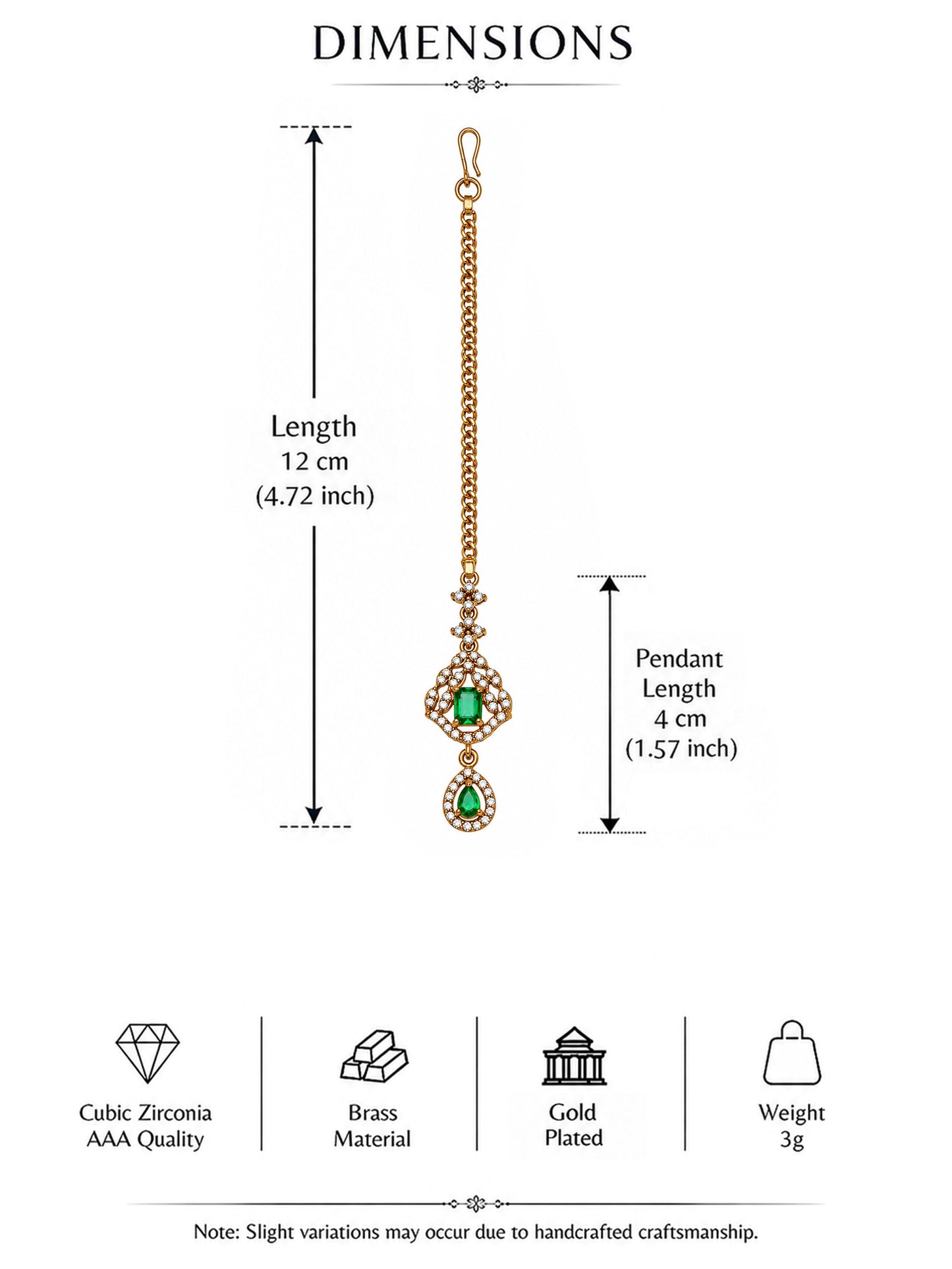 Antique Gold Plated Green AD Maang Tikka for Women