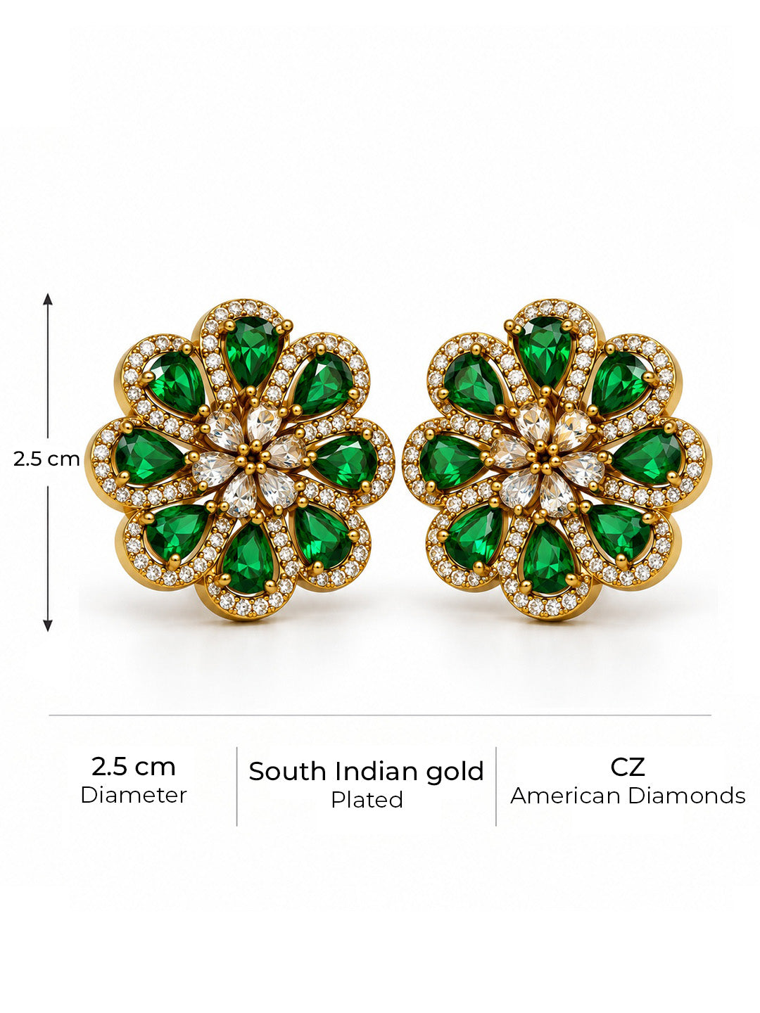 South Indian Gold Plated Green AD Floral Stud Earrings for Women