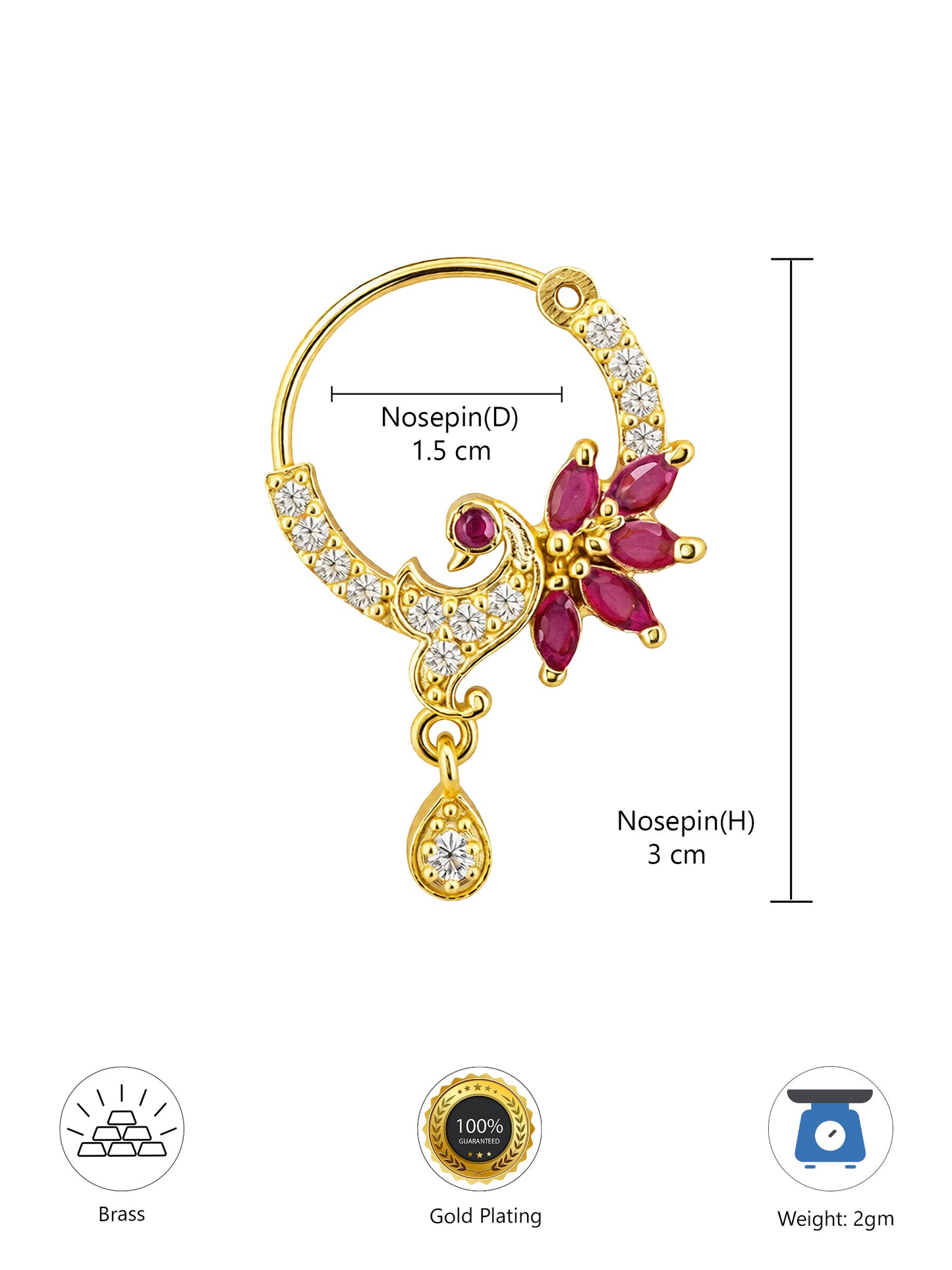 Gold Plated Red AD Drop Nose Ring for Women