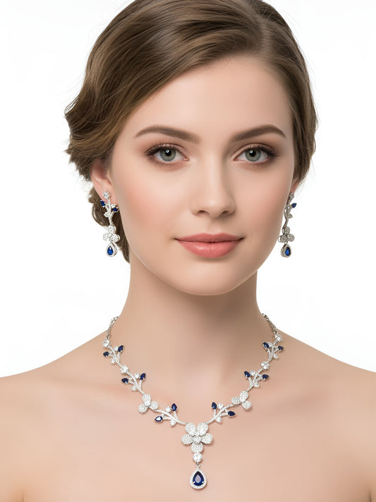 Silver Plated Blue & White American Diamond Designer Jewellery Set