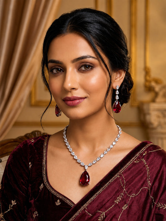 Silver Plated Red Teardrop AD Jewellery Set for Women