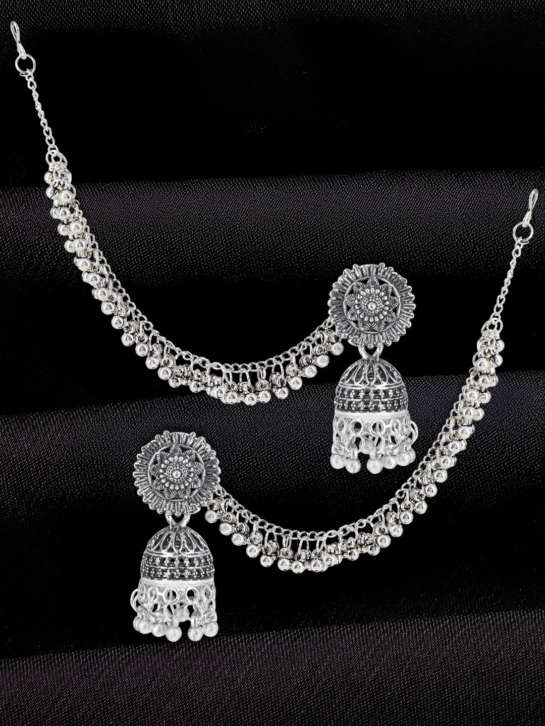 Silver-Oxidised Floral Jhumka Earrings With Hair Chain