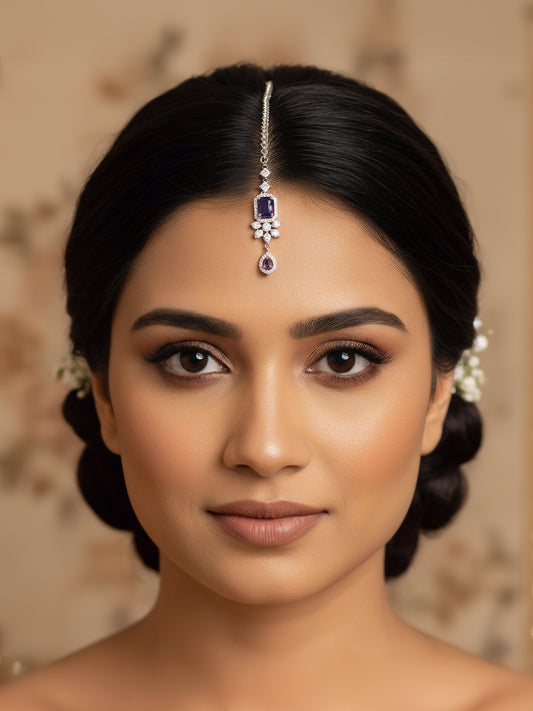 Silver Plated Purple AD Floral Maang Tikka for Women