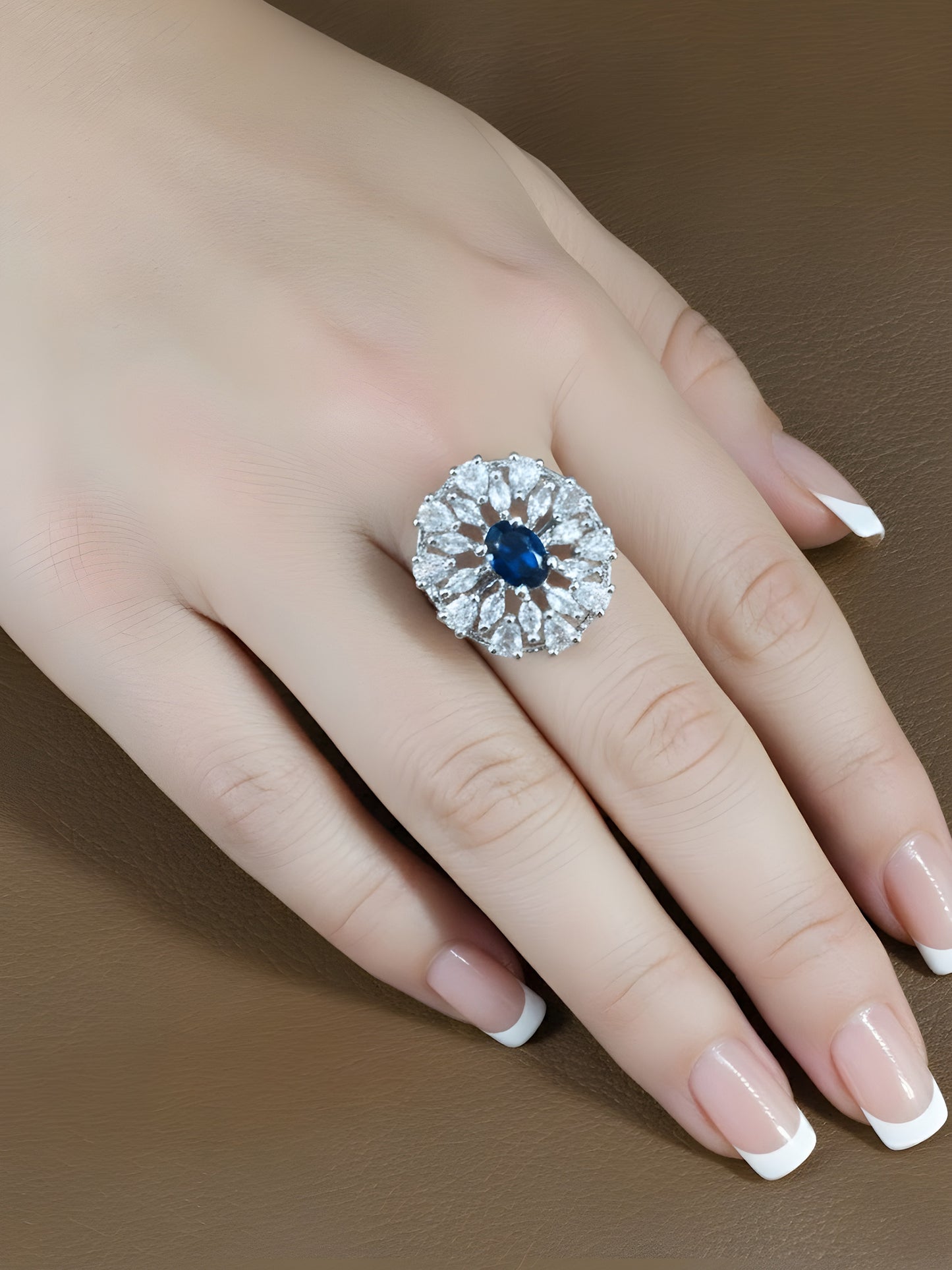 Silver Plated Blue AD Floral Adjustable Ring for Women