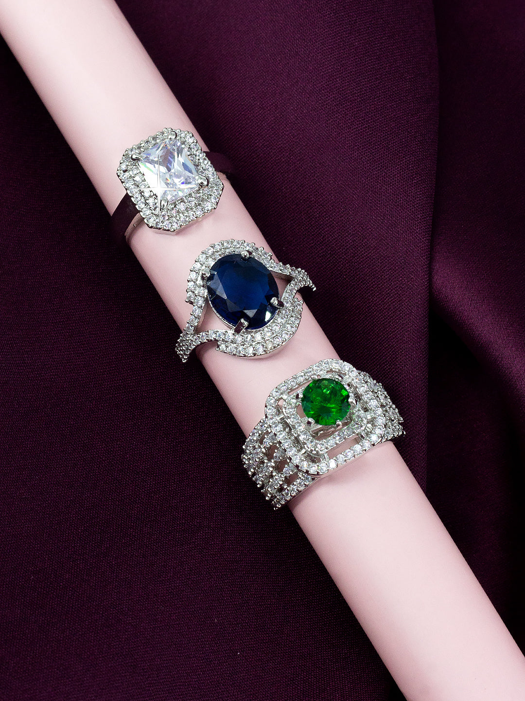 Pack of 3 AD-Studded Cocktail Adjustable Ring