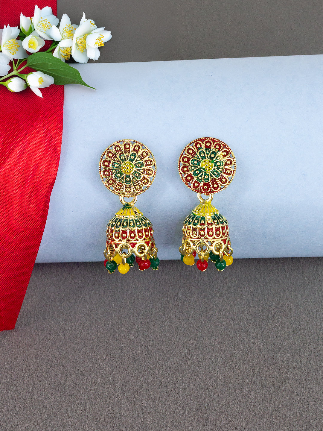 Gold Plated Floral Circular Multi Color Artificial Beaded Jhumki Earrings