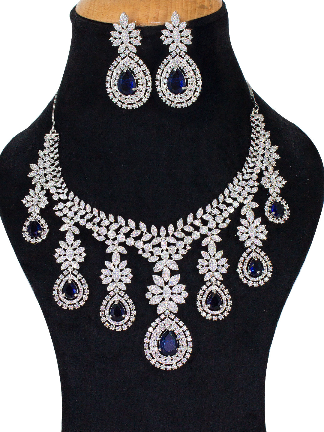 Rhodium-Plated Blue Statement AD-Studded Bridal Jewellery Set