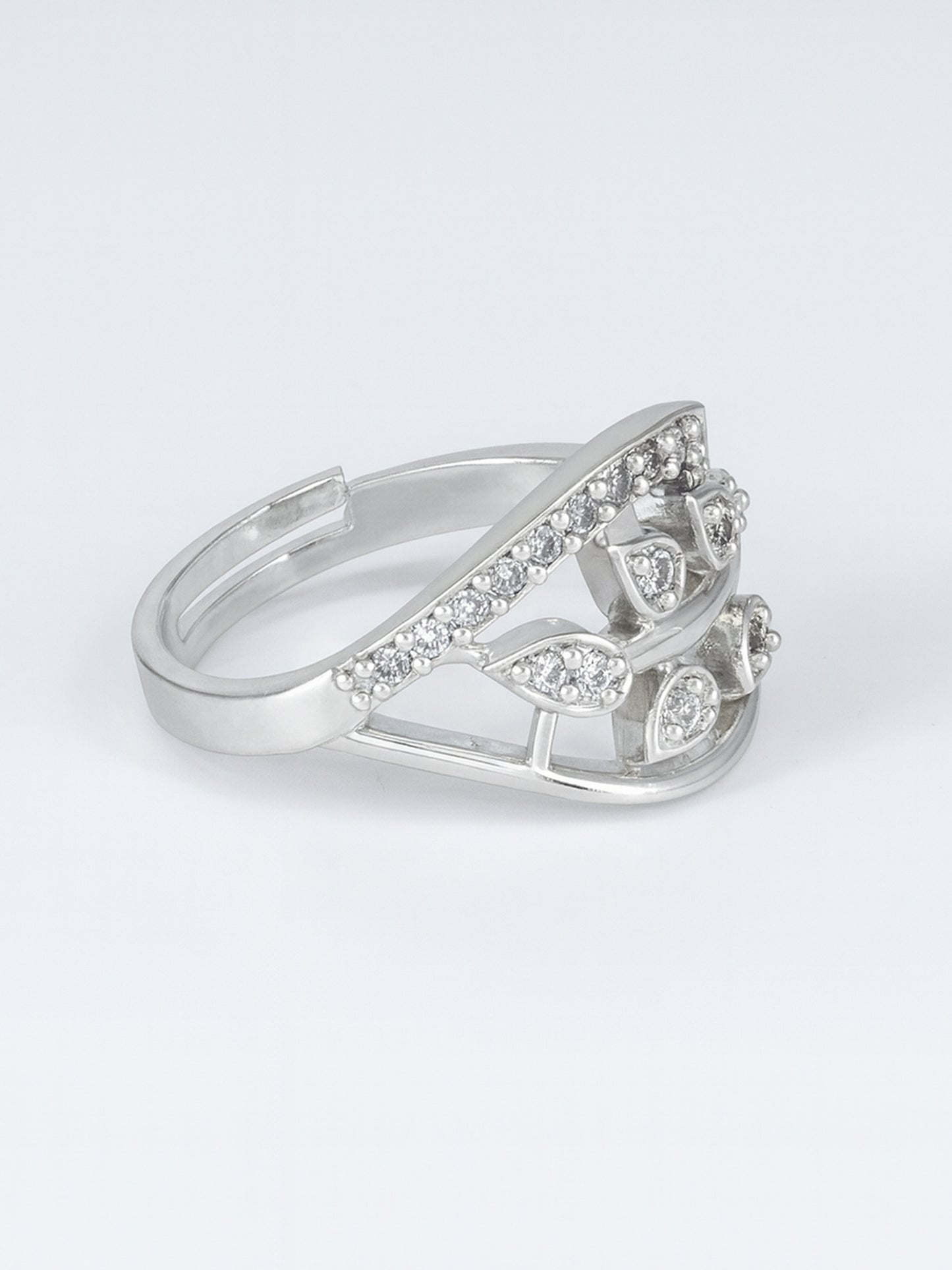 Rhodium Plated American Diamond Leaf Traditional Adjustable Ring for Women