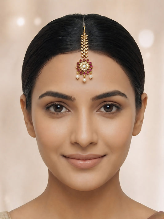 Gold Plated Red American Diamond Maang Tikka for Women