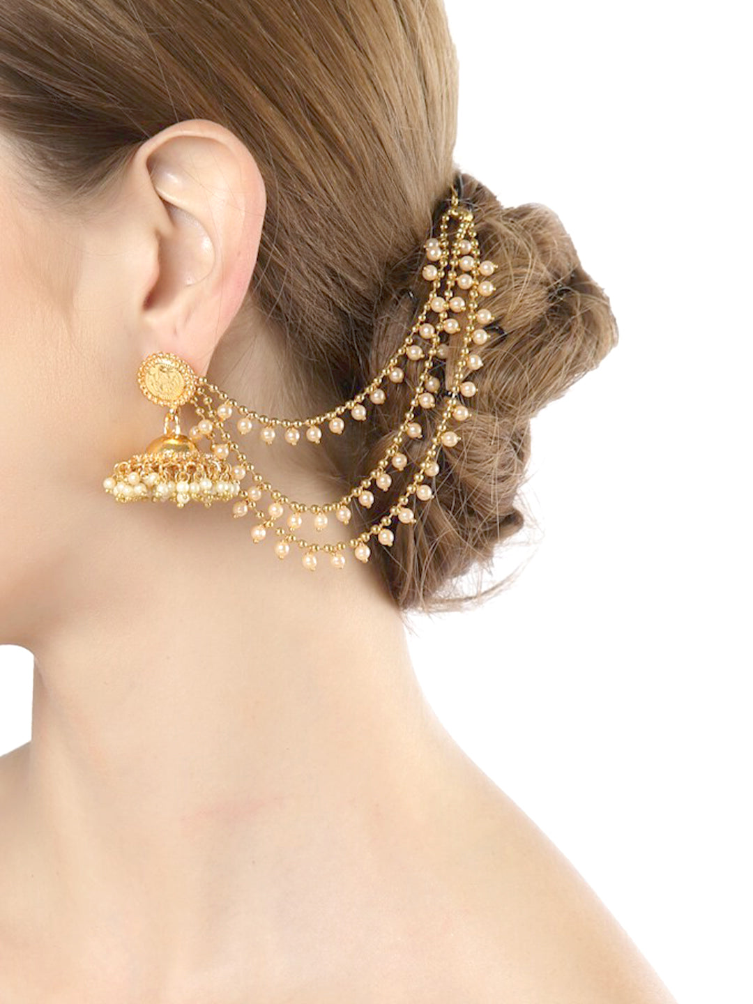Gold-Plated 3-Layered Beads Drop Ear Chain