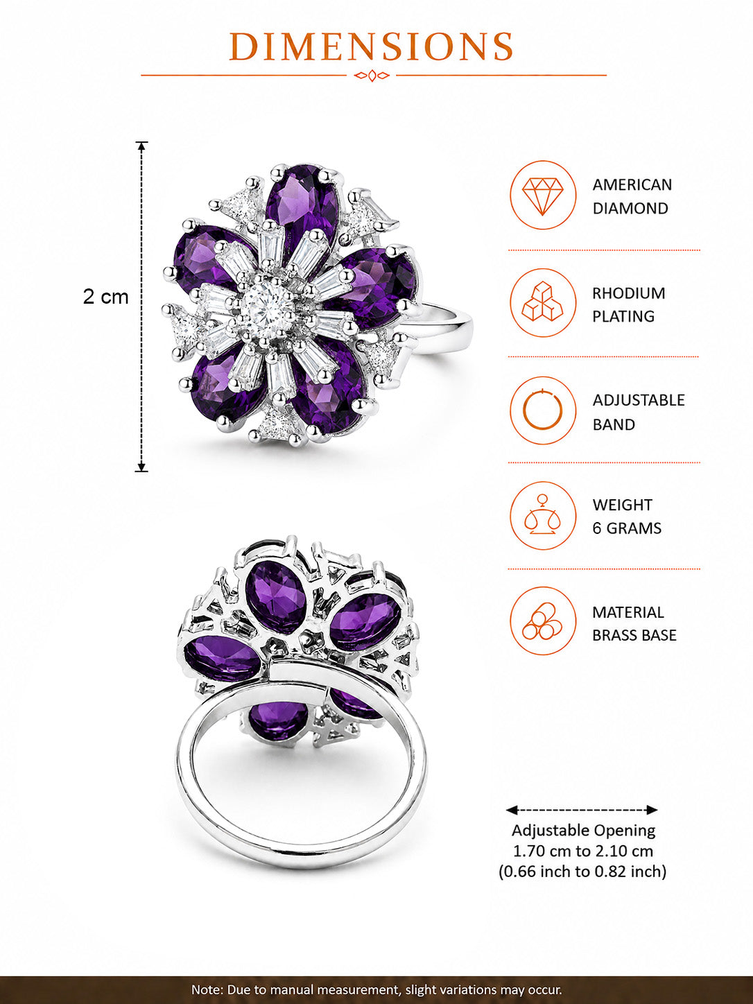 Rhodium Plated Purple AD Floral Finger Ring for Women