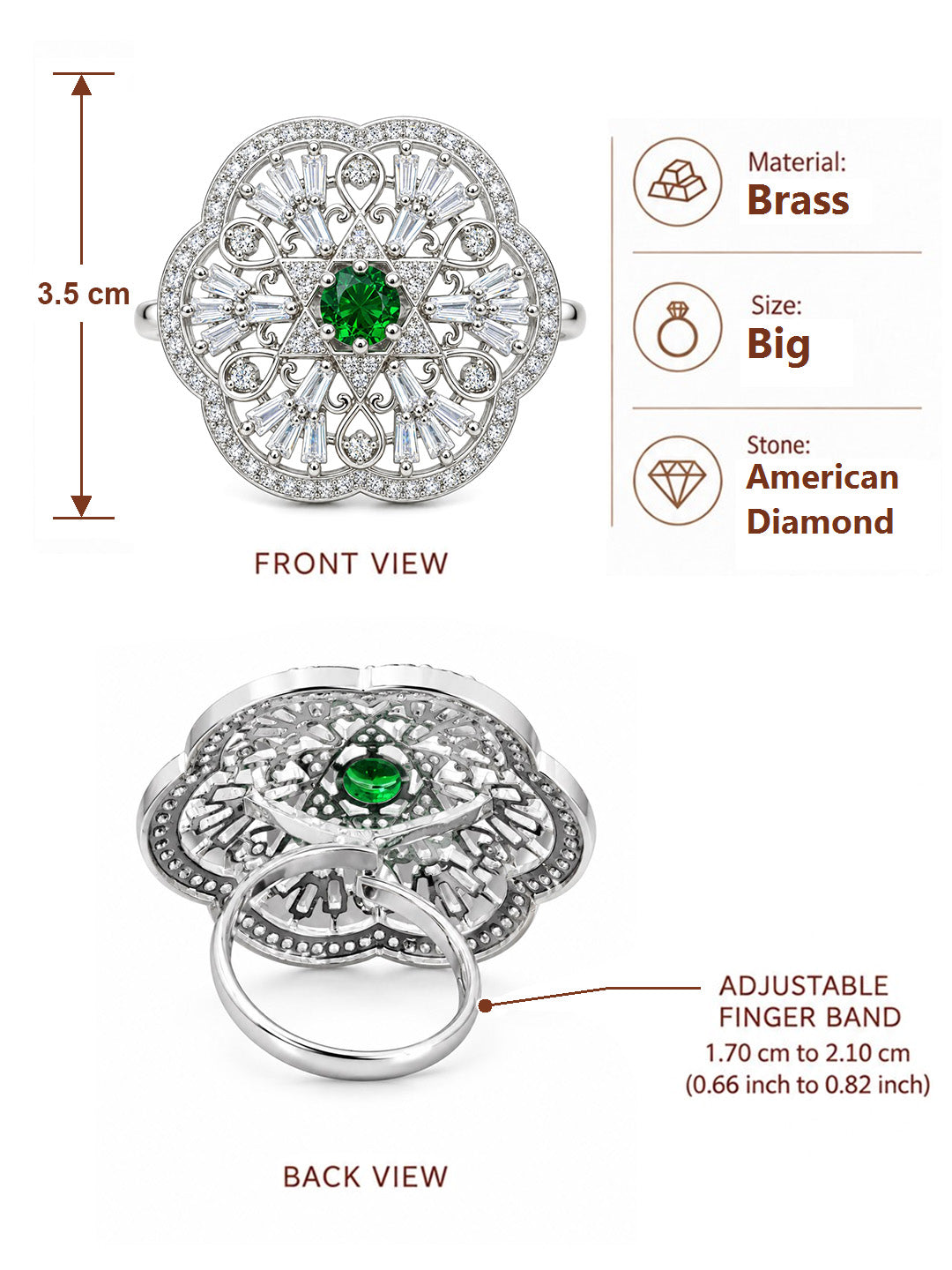 Silver Plated Green AD Finger Ring for Women