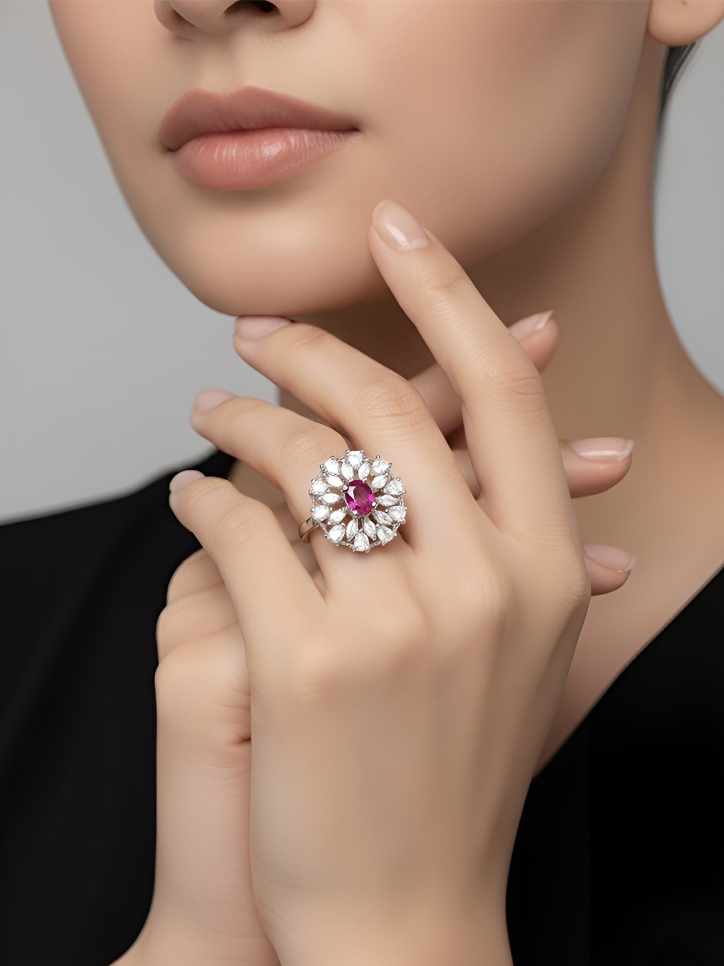 Silver Plated Red AD Floral Adjustable Ring for Women