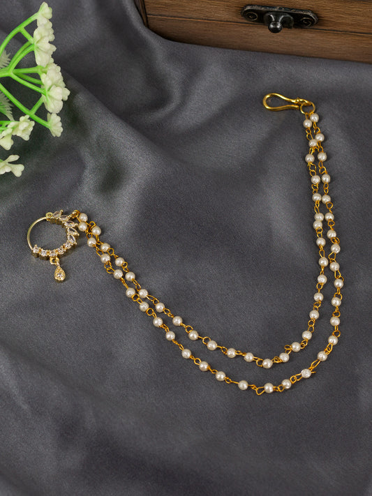 Gold Plated AD Nose Ring with 2 line Pearl Chain