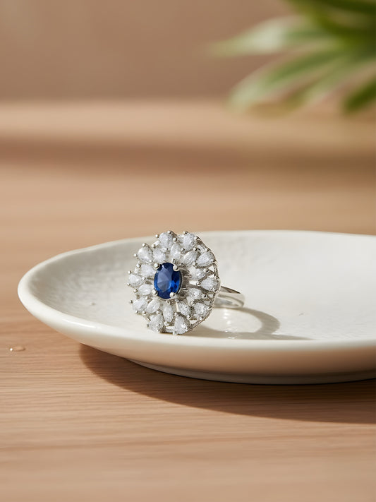 Silver Blue Stone AD Ring – Oval-Cut with Pear Halo Design
