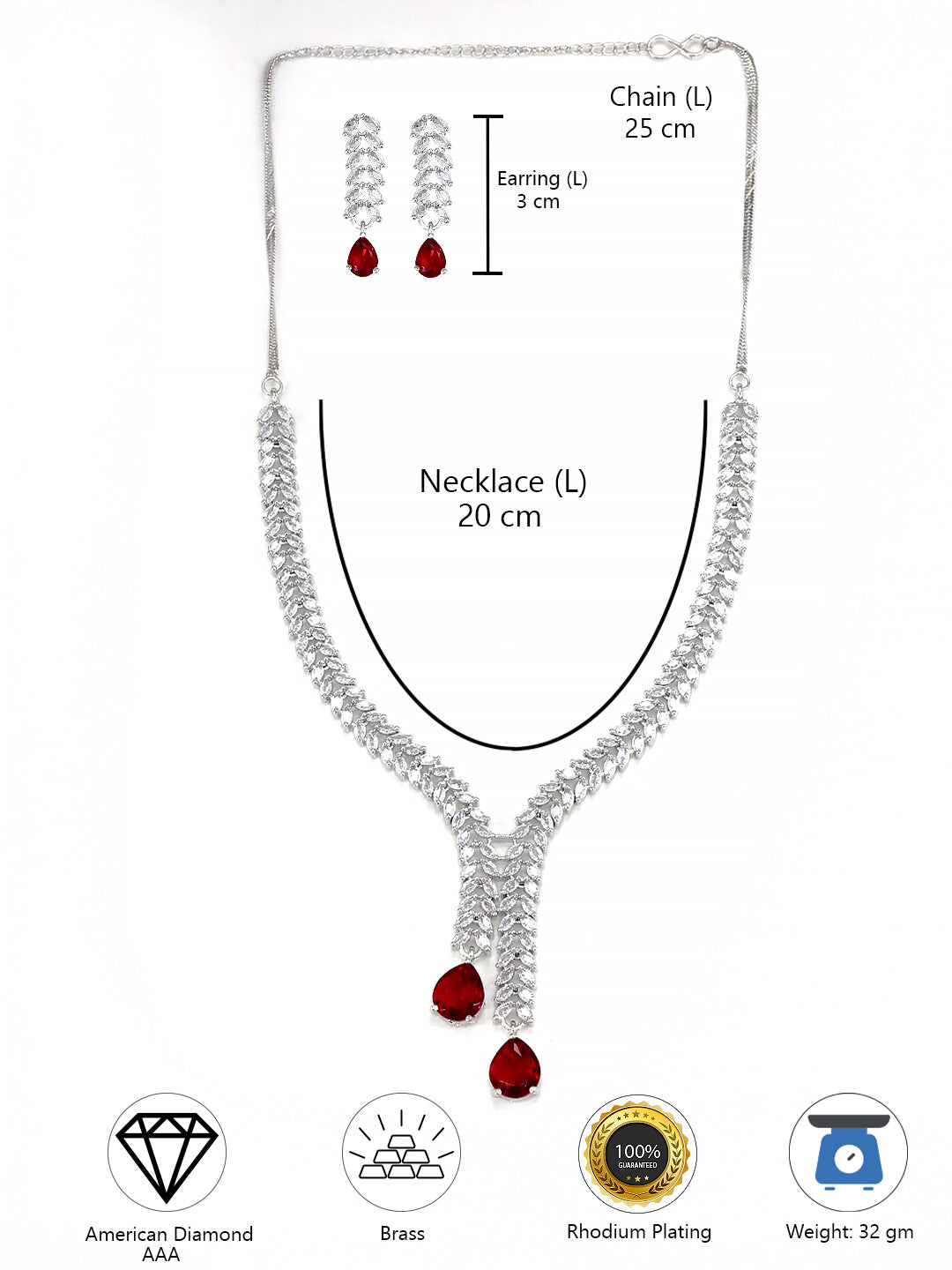 Red American Diamond Tear Drop Leaf Party Jewellery Set