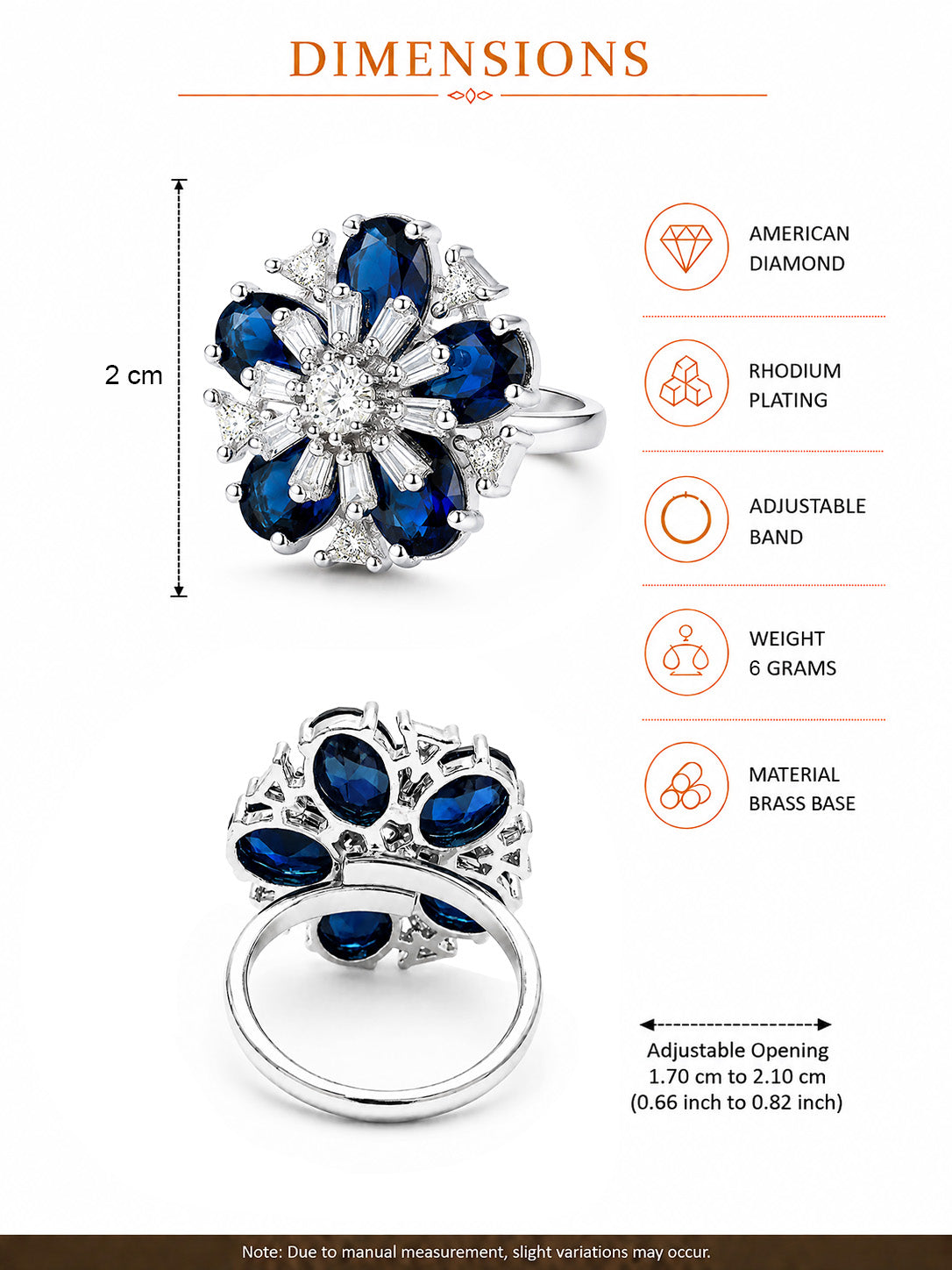 Rhodium Plated Blue AD Floral Finger Ring for Women