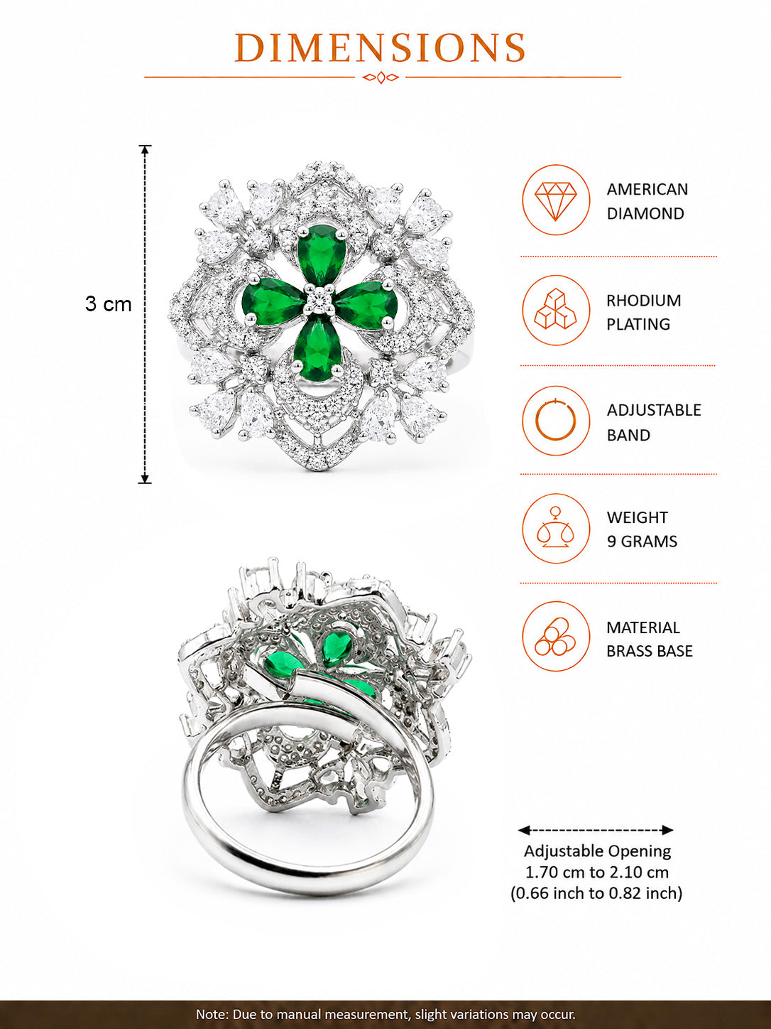 Rhodium Plated Green AD Floral Finger Ring for Women