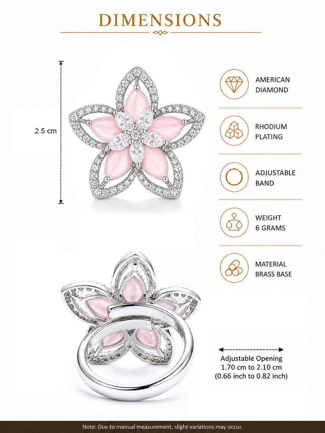 Rhodium Plated Pink AD Floral Finger Ring for Women