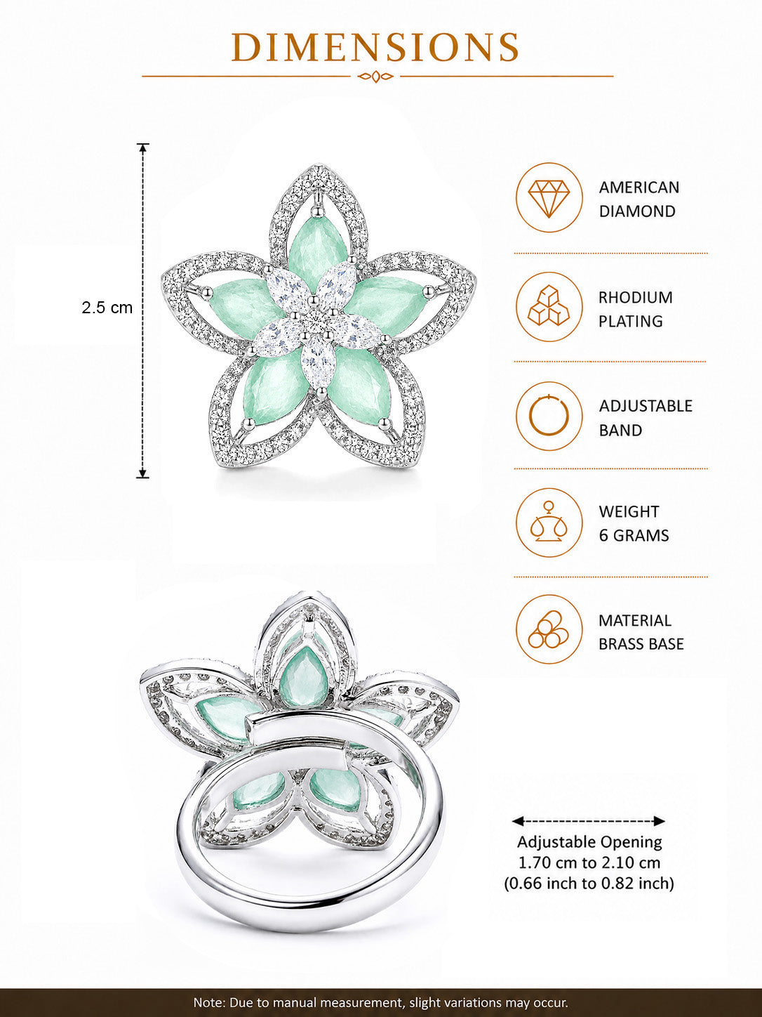 Rhodium Plated Green AD Floral Finger Ring for Women