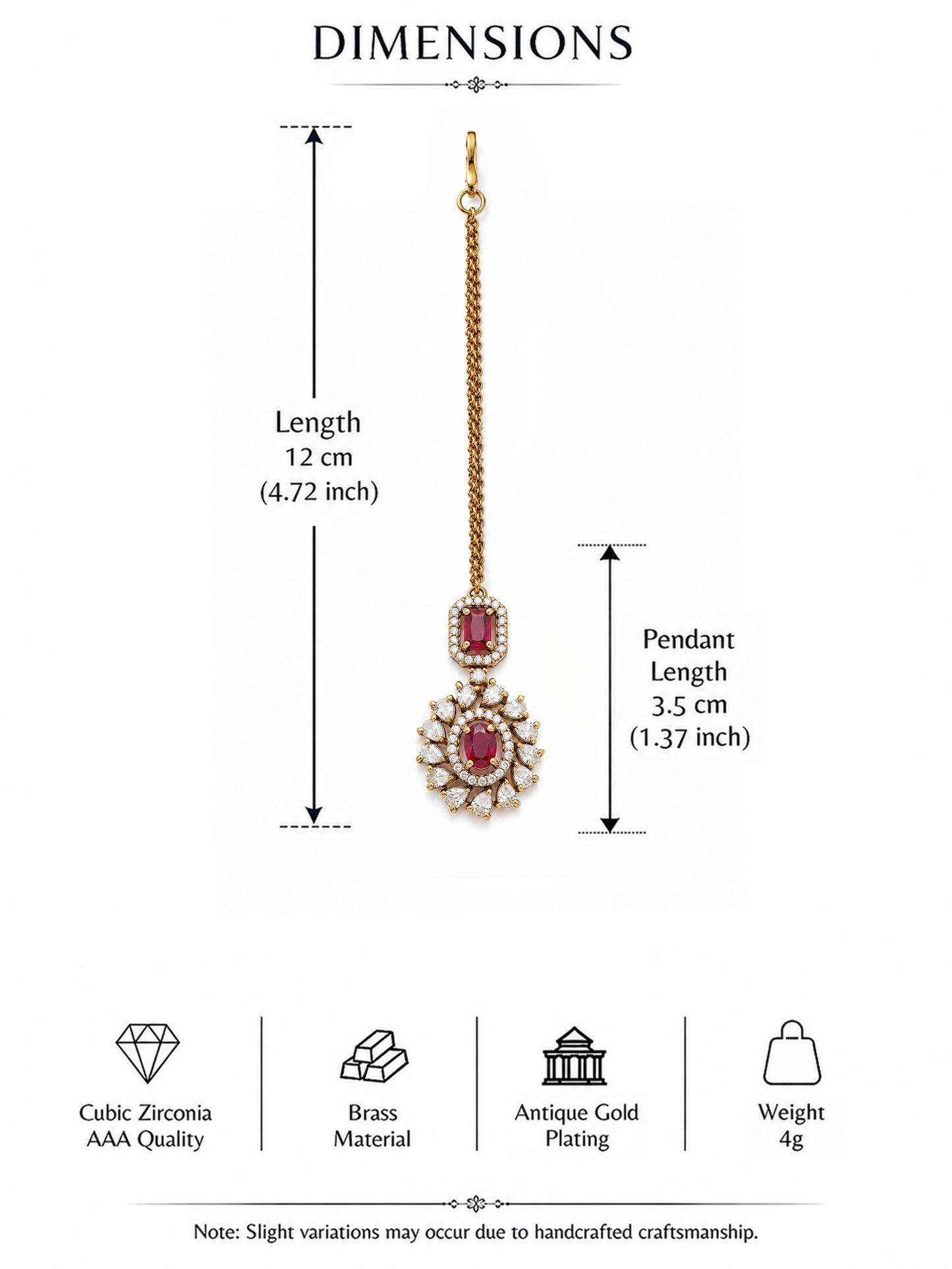 Antique Gold Plated Red AD Maang Tikka for Women