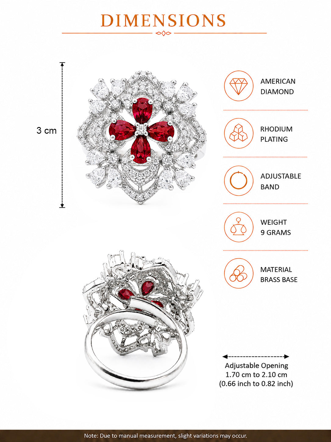 Rhodium Plated Red AD Floral Finger Ring for Women