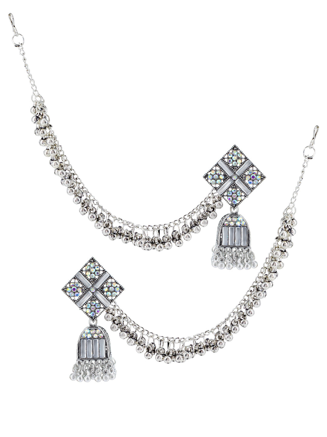 Silver Oxidised Rhinestone Studded Jhumka Earrings With Ear chain