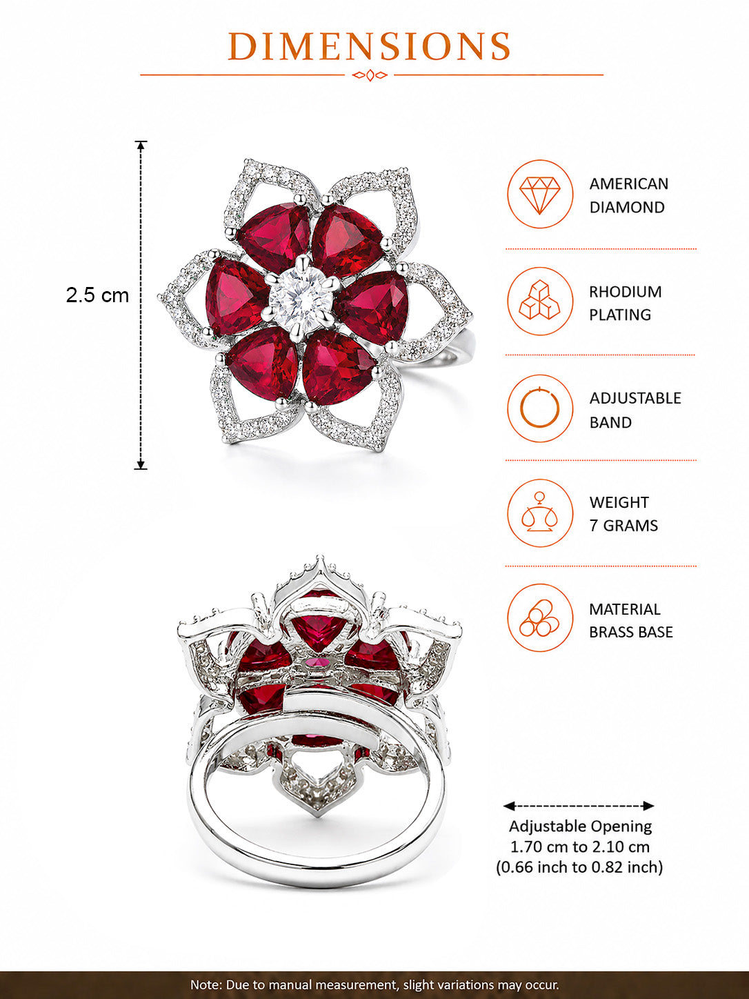 Rhodium Plated Red AD Floral Finger Ring for Women
