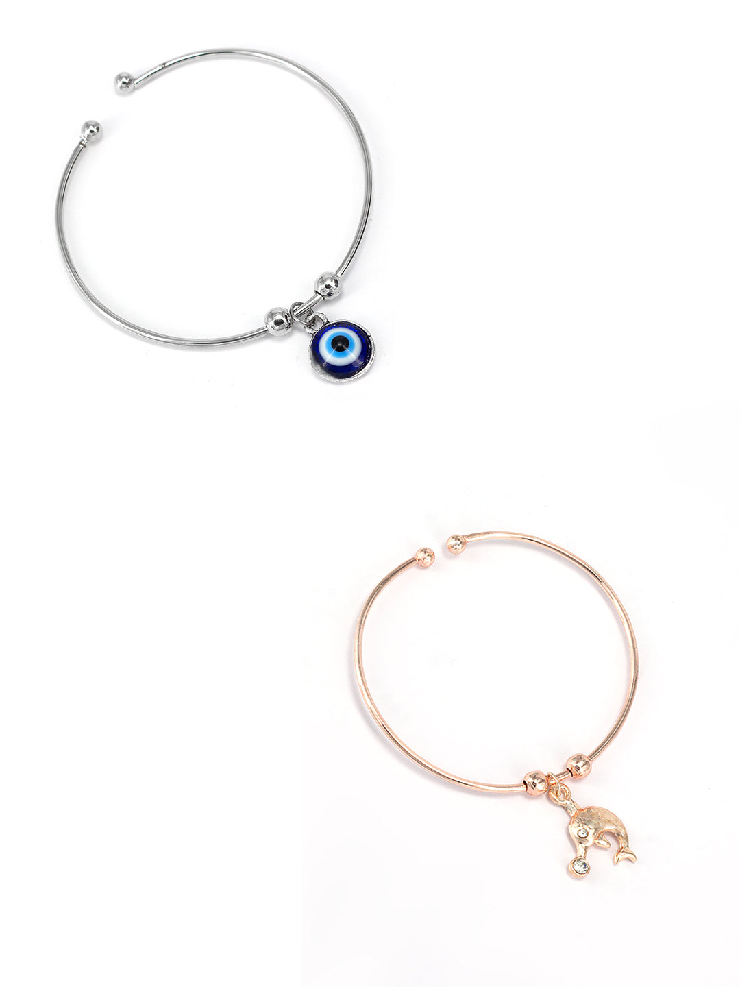Pack of 2 Silver & Rose Gold Plated Dolphin & Evil Eye Bracelets