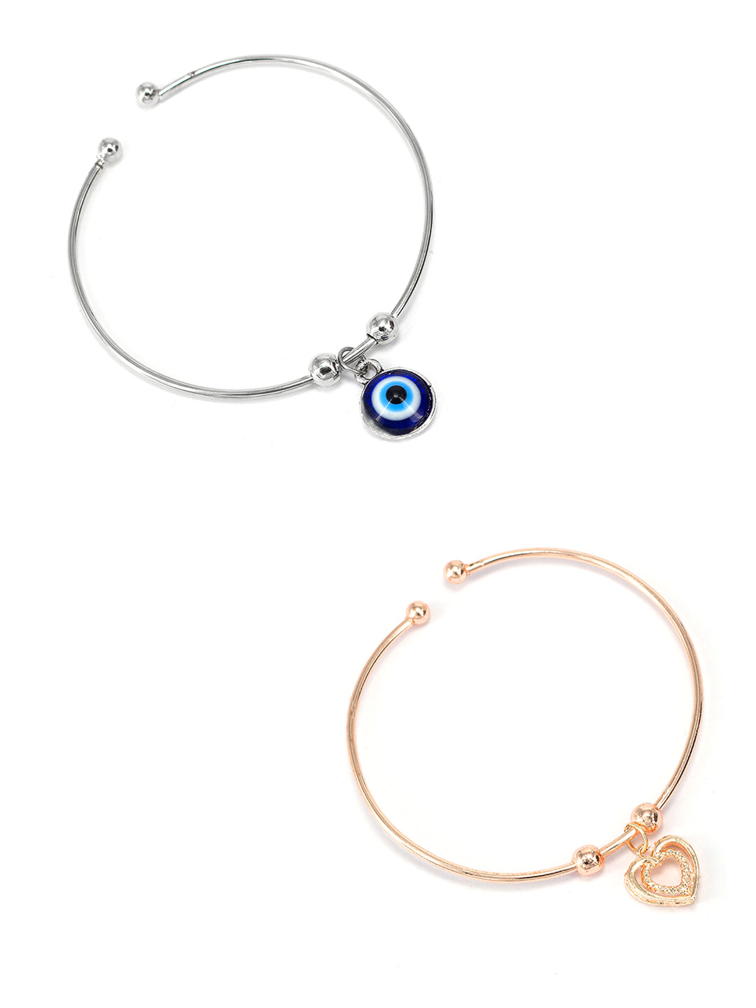 Pack of 2 Silver & Rose Gold Plated Heart & Evil Eye Bracelets Gift For Girls