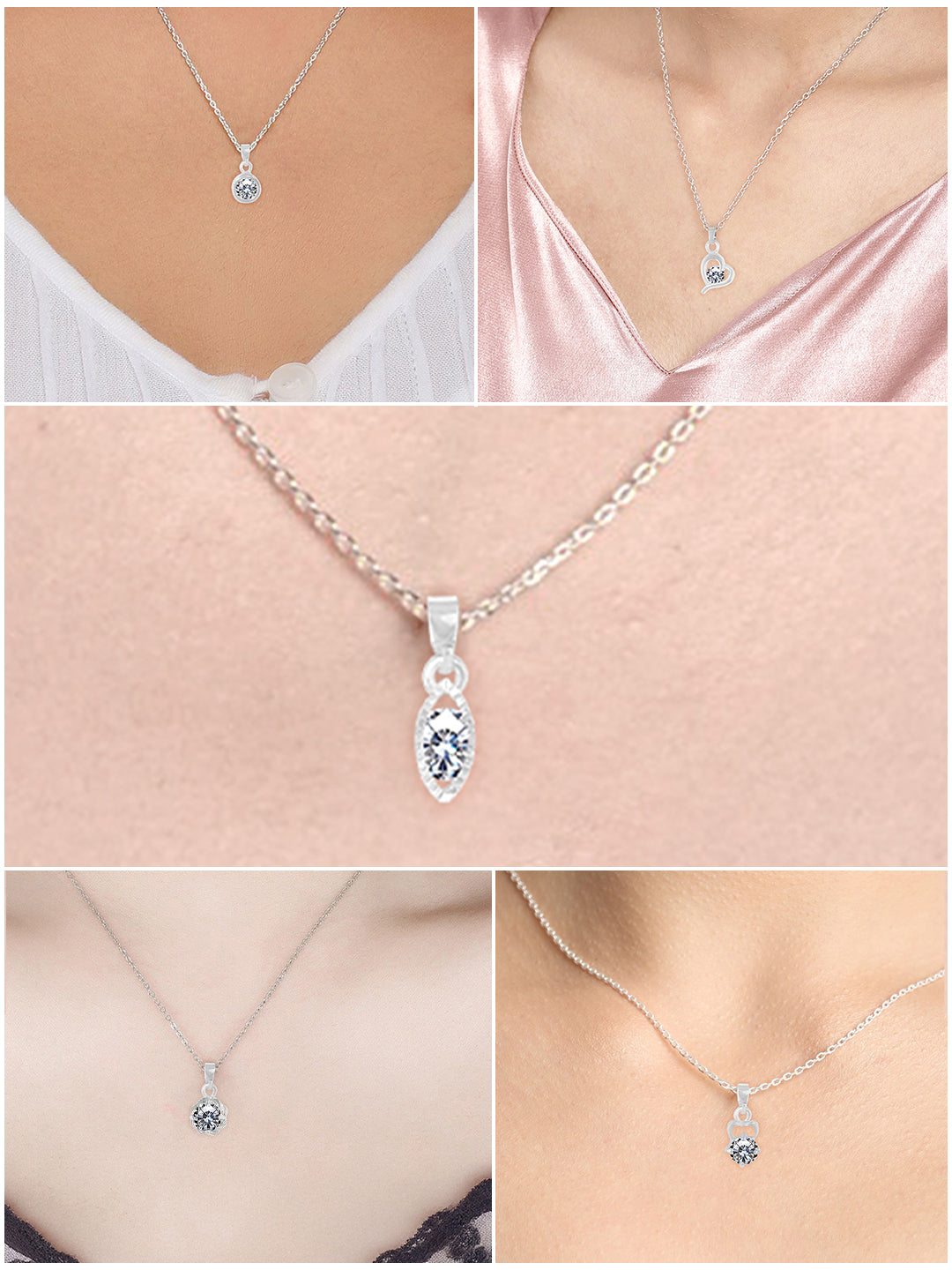 PRIVIU Silver Pendant Necklace for Women Teardrop, Heart, Round AD Pendant for Girls (Set of 5)