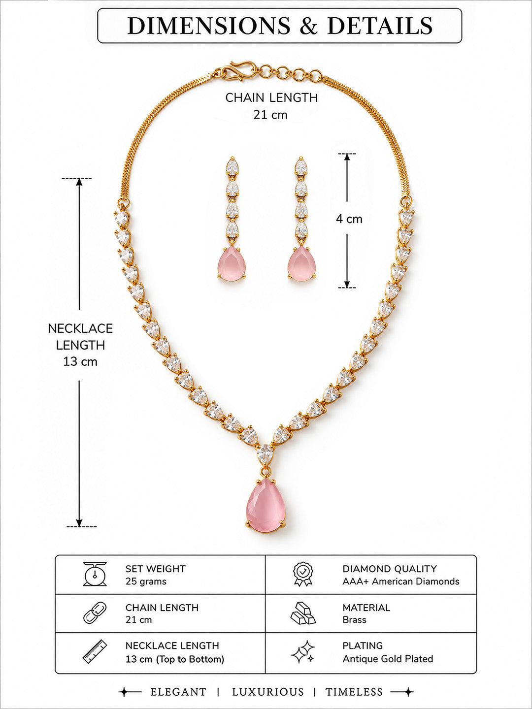 South Indian Gold Plated Pink AD Teardrop Jewellery Set for Women