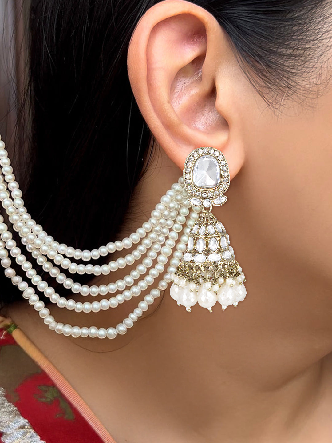 Gold-Plated Kundan-Studded Jhumka Earrings With Pearl-Beaded Hair Chain