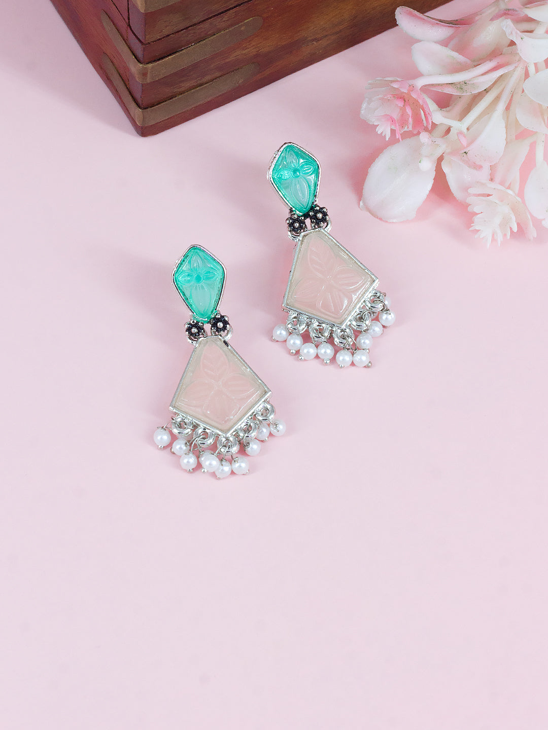 Silver-Plated Geometric Stone Studded Drop Earrings