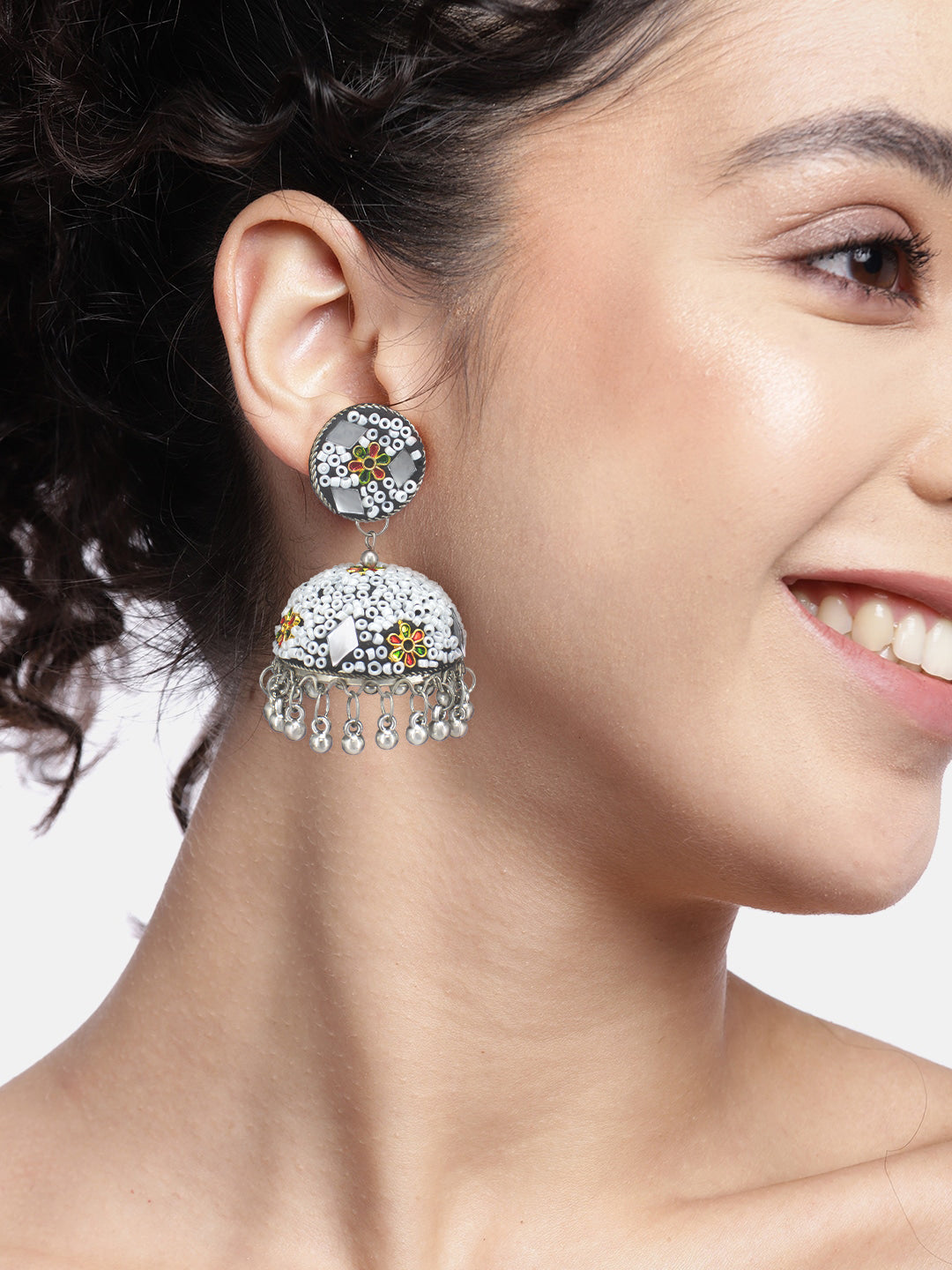 White Beads Drop Jhumka Earrings