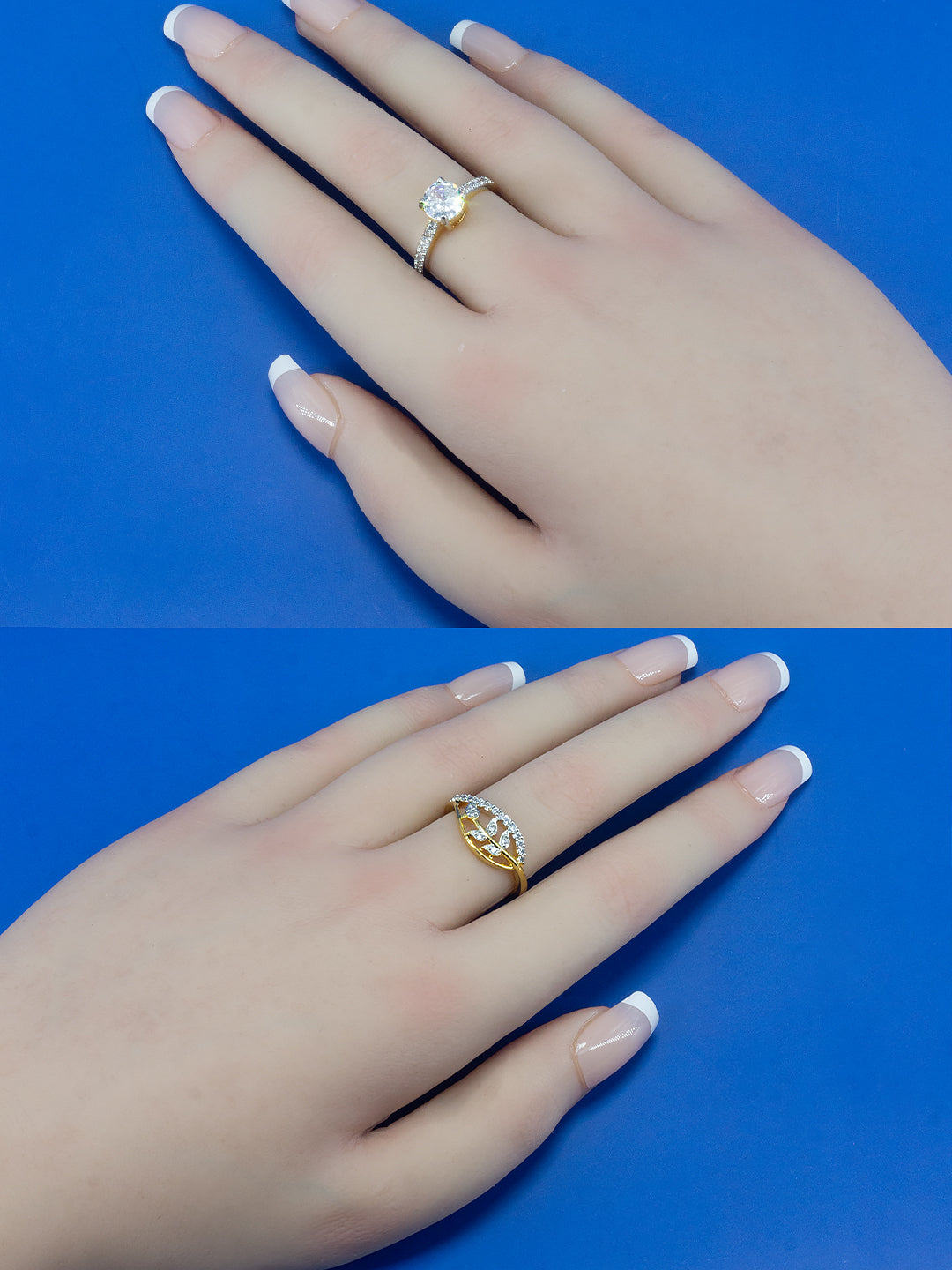 Set Of Two Gold Plated Solitaire American Diamond Adjustable Finger Rings