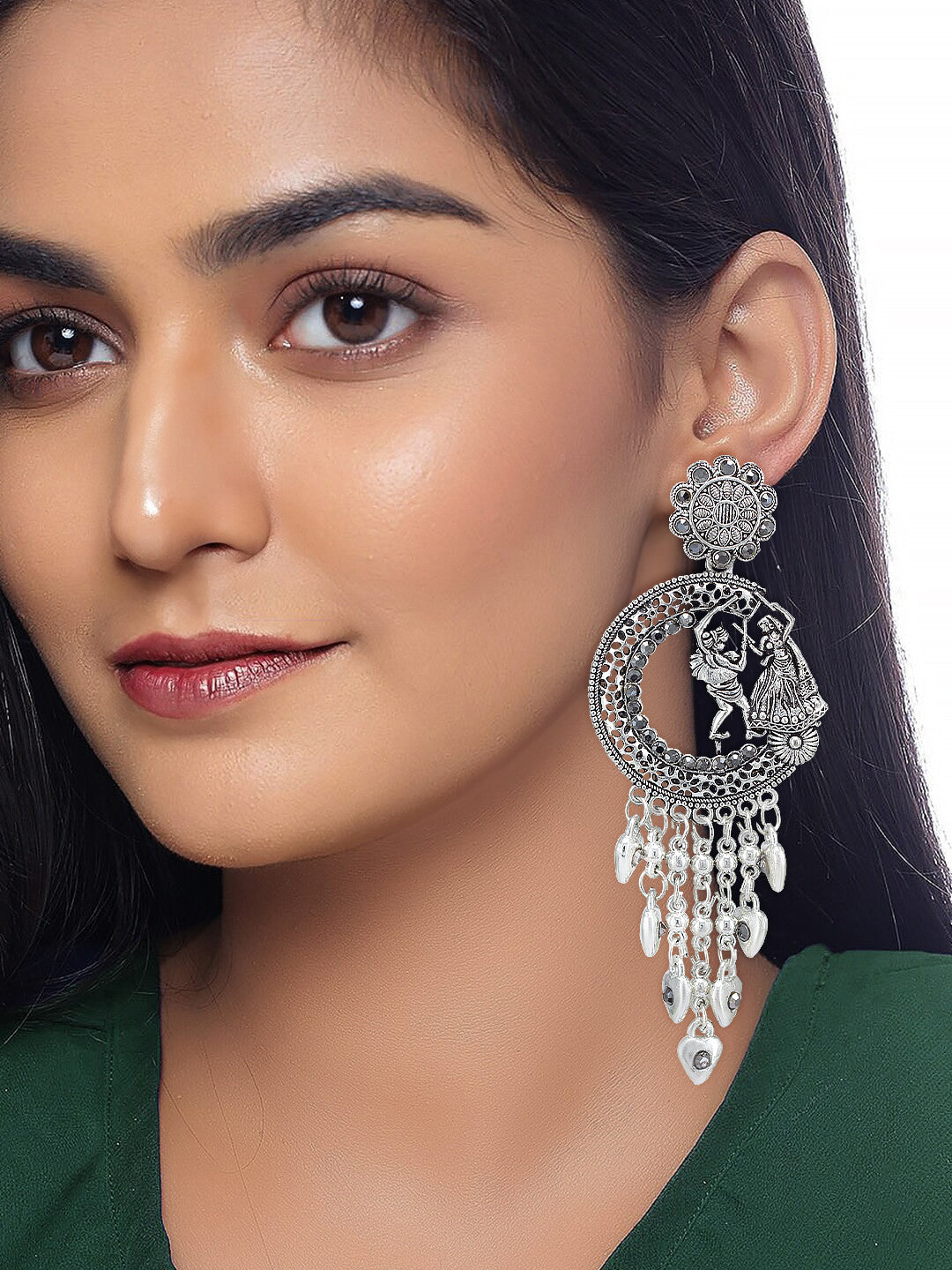 Pack Of 3 Silver-Oxidised Contemporary Artificial Stones Studded Jhumkas