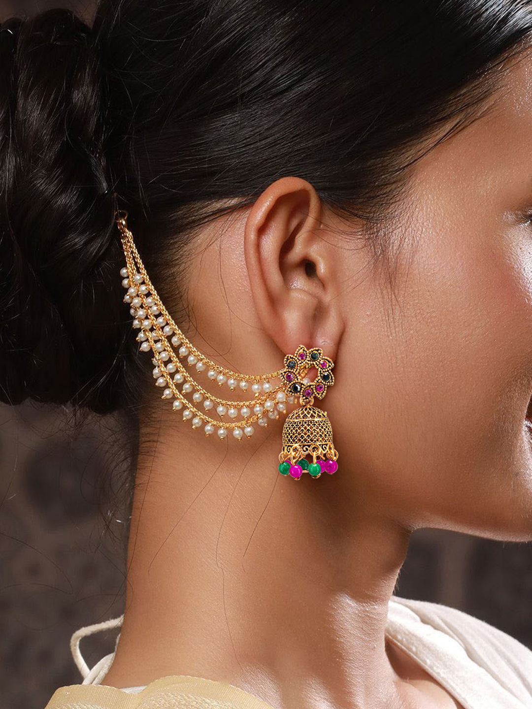Bahubali Ear Chain 3 Layered with Small Pearl Beads