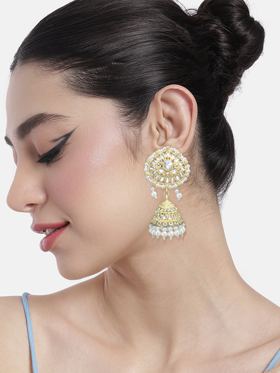 Gold- Plated Kundan Stone Studded Beaded Jhumka Earrings With Maangtika