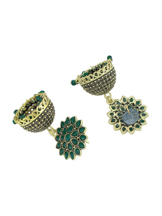 Gold Plated Green Artificial Stones Studded Jhumka Earrings