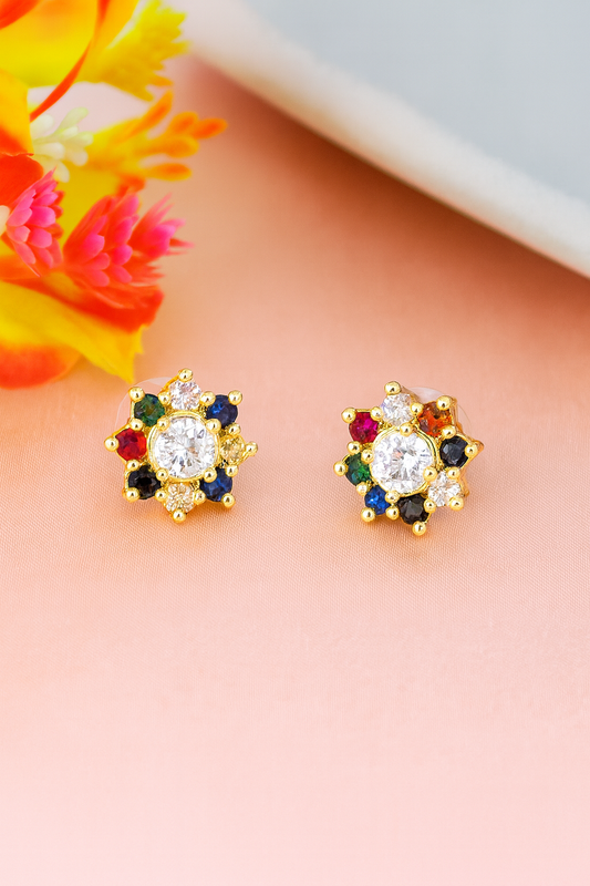 Gold Plated Navratana Stud Earrings for Women