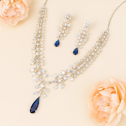 Silver Plated Blue American Diamond Statement Jewellery Set