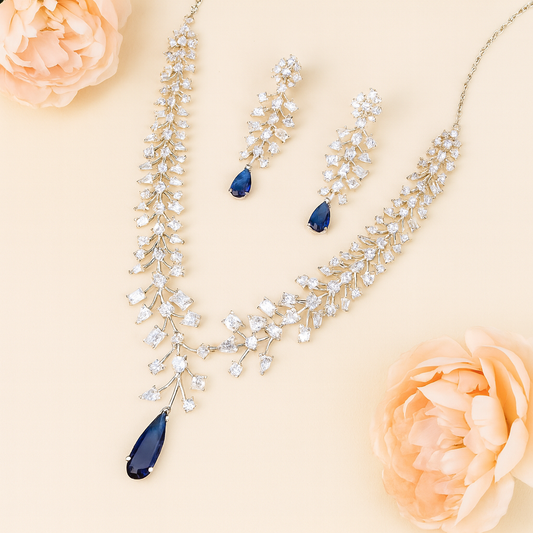 Silver Plated Blue American Diamond Statement Jewellery Set