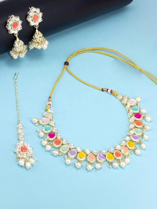 Gold-Plated Crystal Studded Jewellery Set With Maangtika
