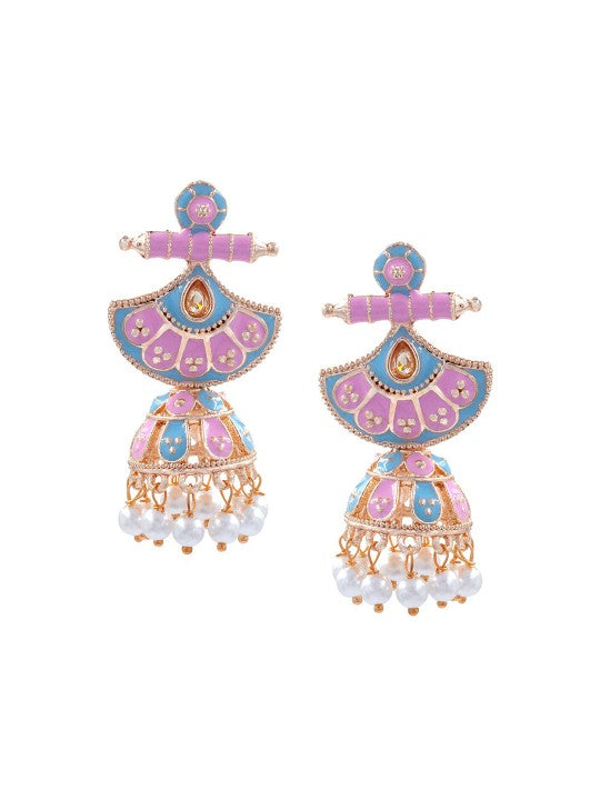 Pink Crescent Shaped Beaded Jhumka Earrings