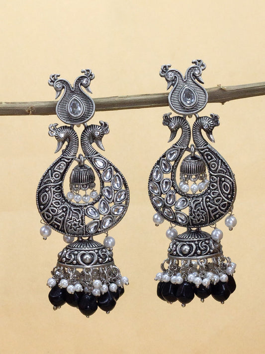 Black Peacock Beads Drop Jhumka Earrings