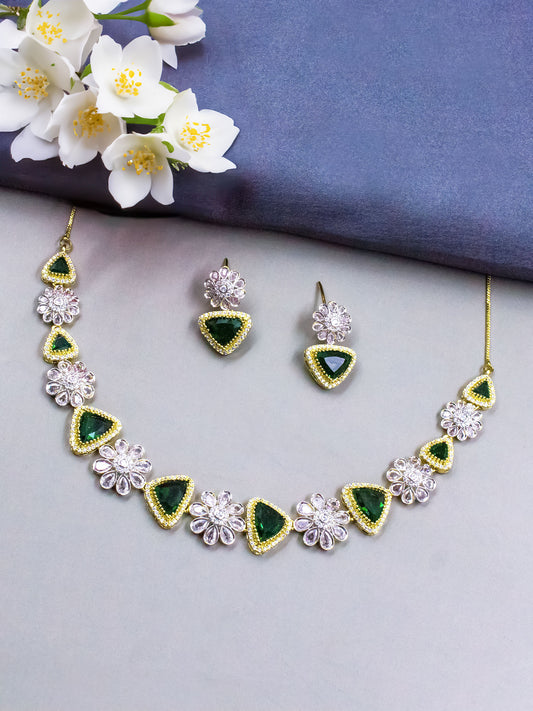 Gold Plated Green Designer Floral AD Jewellery Set