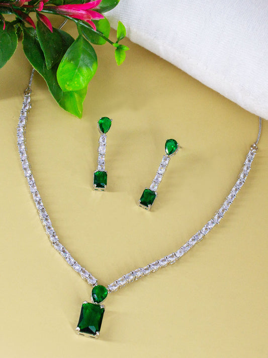 Silver Plated Green AD Minimal Jewellery Set